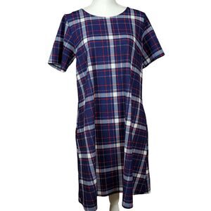 Piphany Carmine Dress Size Medium Blue Red Plaid Pockets Work Office Preppy